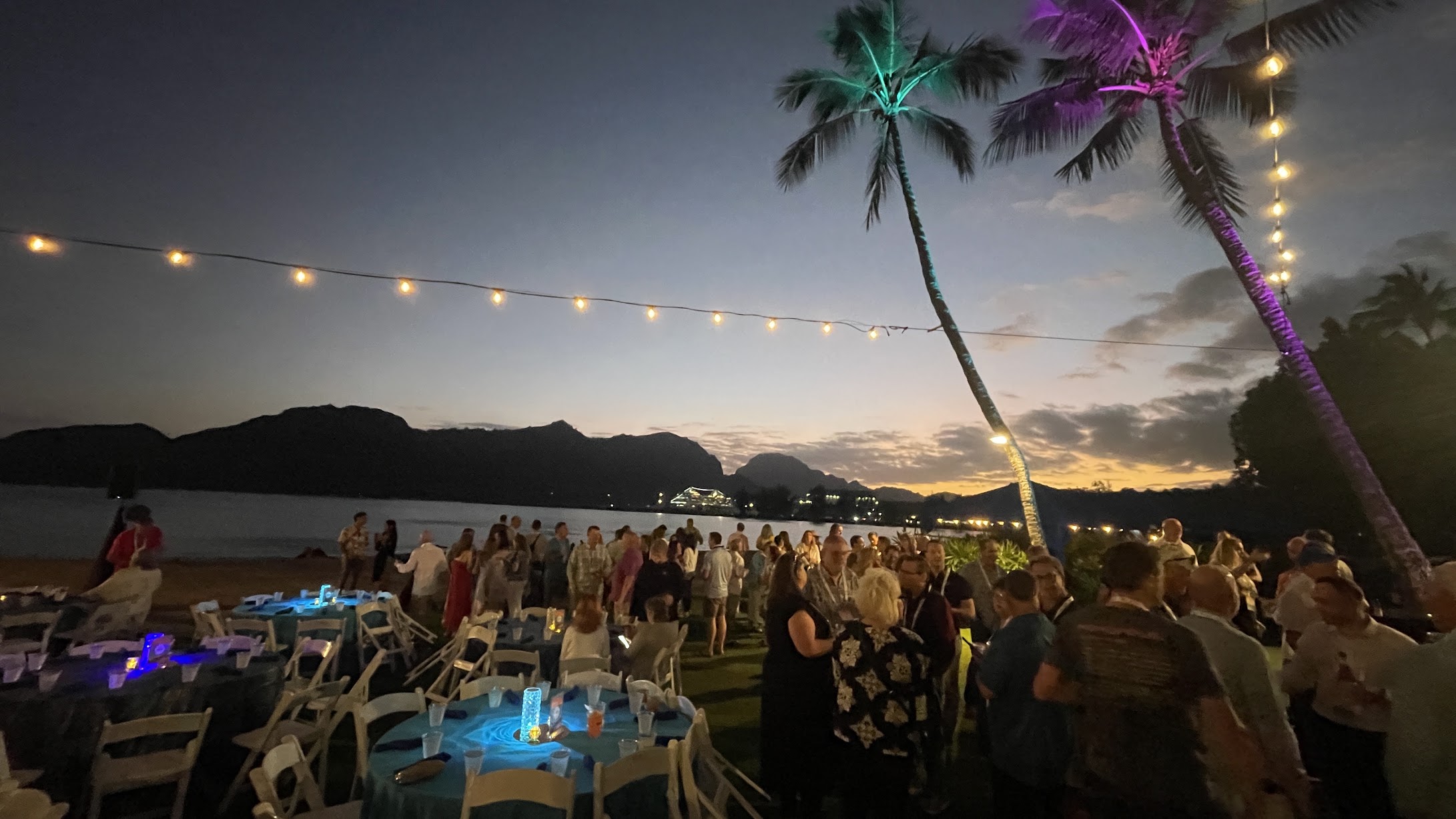 Industry attendees networking at an evening event reception